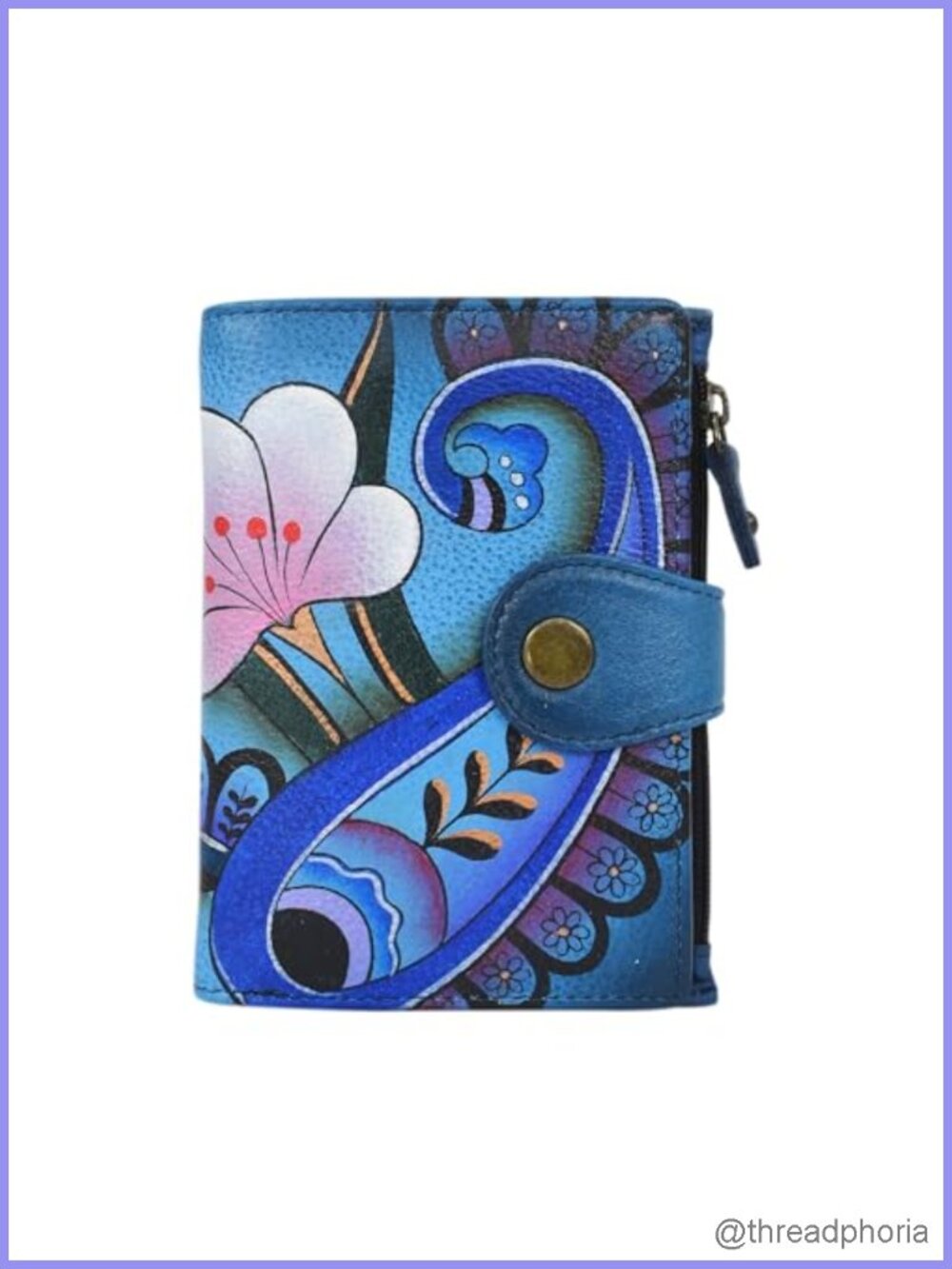 Hand Painted Genuine Leather Organizer Wallet Snap Closure 8 Card Slots